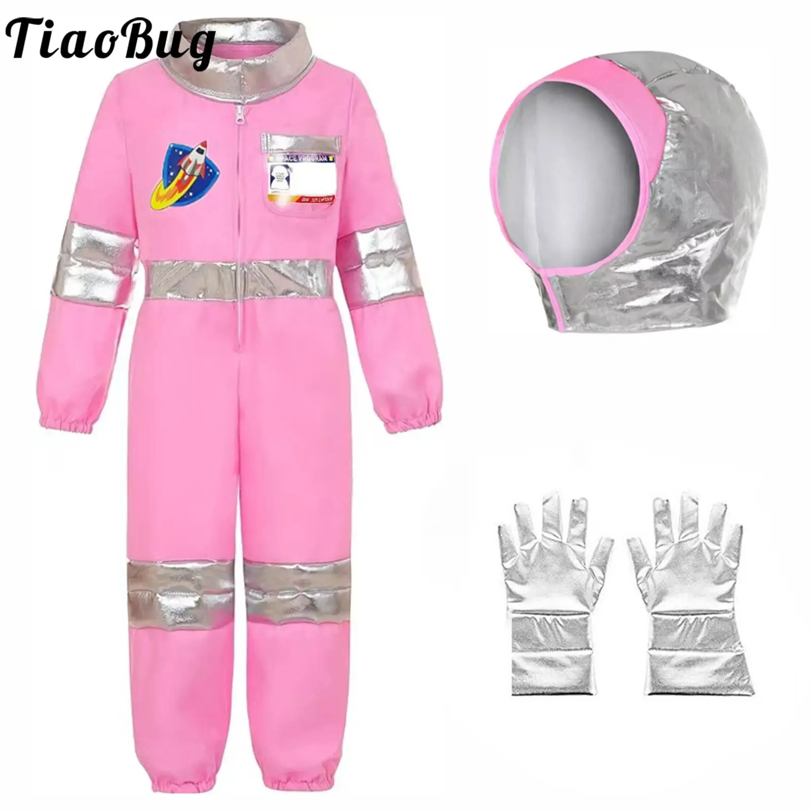 

Boys Girls Space Astronaut Costume Outfit Role Play Long Sleeve Jumpsuit and Gloves Helmet Hat for Halloween Cosplay Career Day