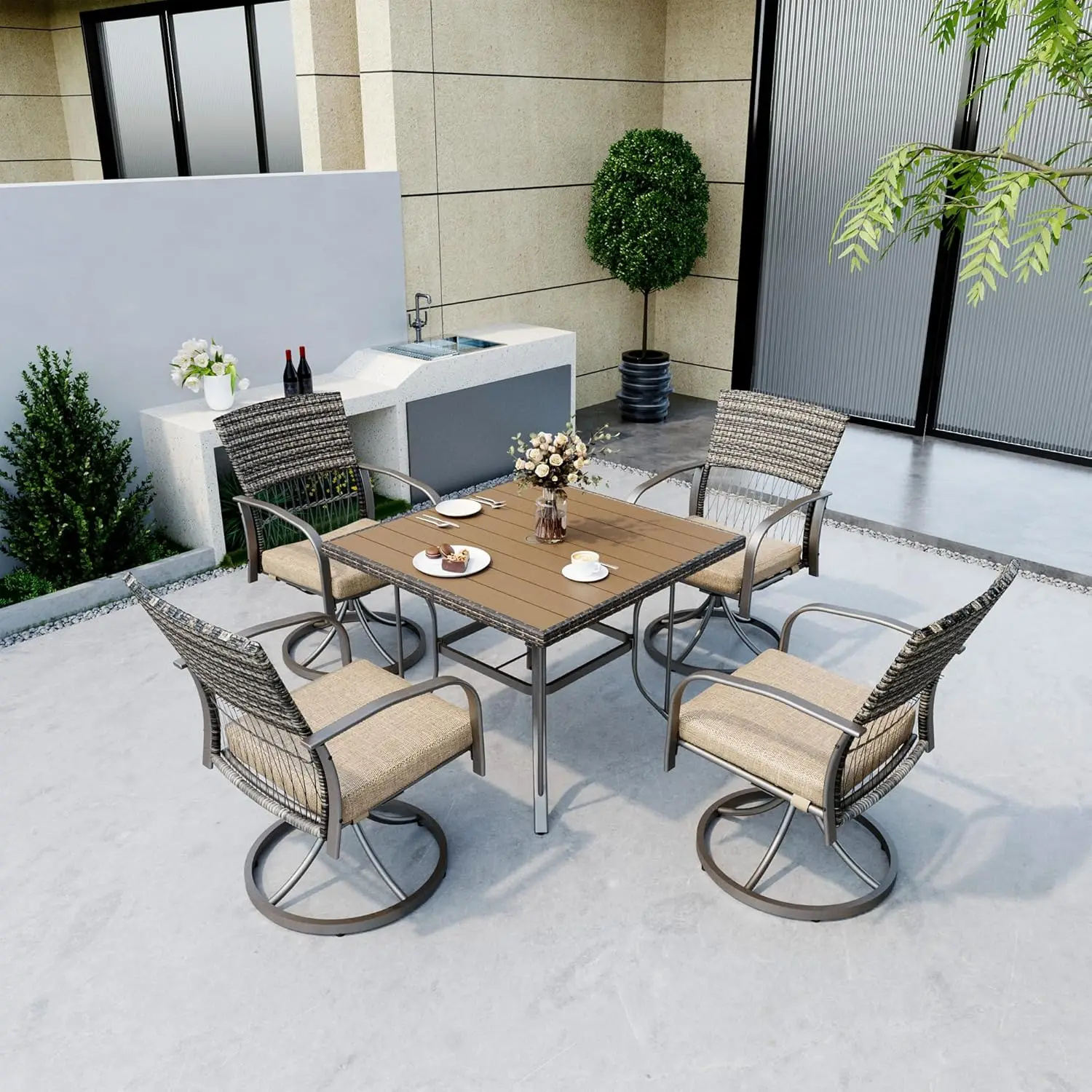 

Patio Dining Set for 4,Wicker Outdoor Furniture Set for Backyard Garden Deck Poolside with Square Plastic-Wood Table Top