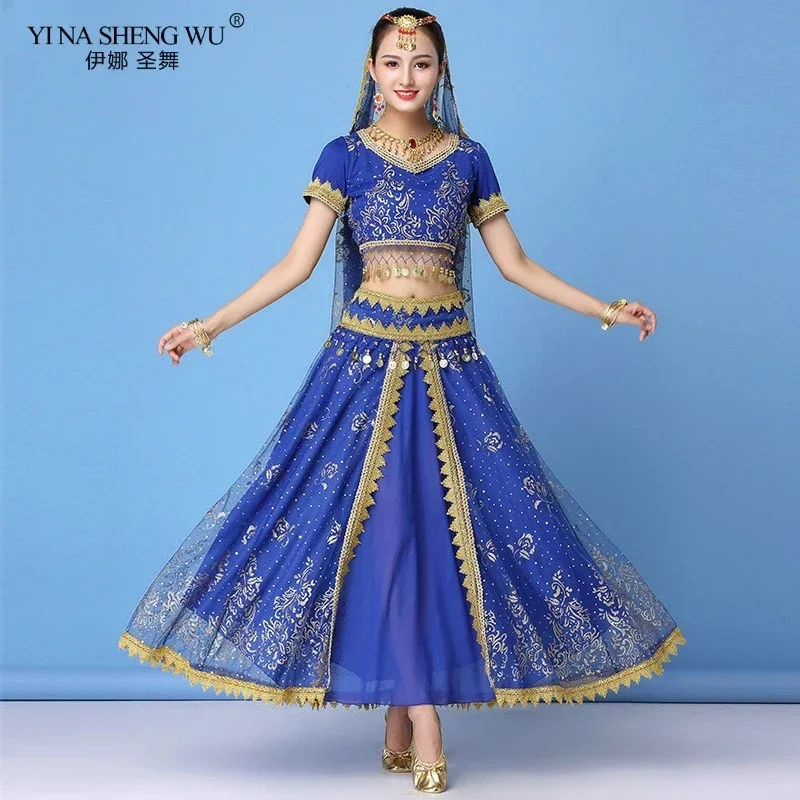 Women Indian Bollywood Belly Dance Costume Dance Sari Bollywood Belly Dance Stage Performance Chiffon Dance Top Belt Skirt Set