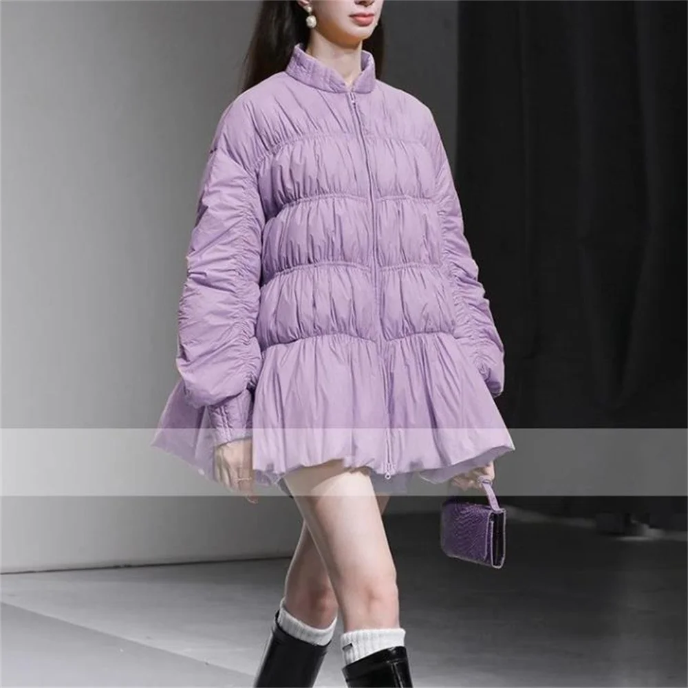 Zimowa Nowa Moda Casualowa Kurtka z Bufiastymi Rękawami typu Latarnia, Luźna, Rozkloszowana, Gruba Kurtka z Białego Puchu Kaczego dla Kobiet