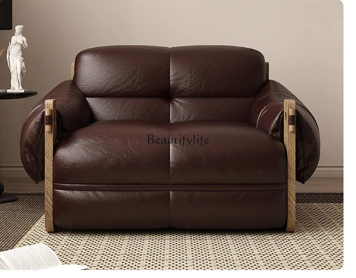 

Retro Simple Electric Sofa Bed Small Apartment Genuine Leather Can Sit and Lie