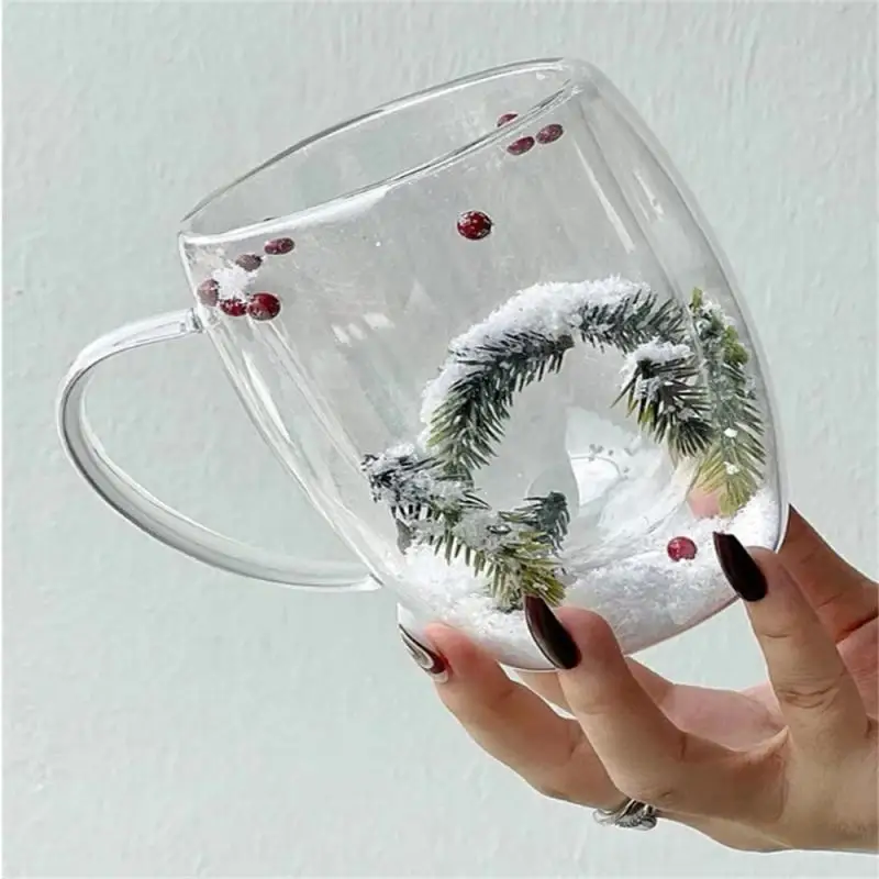 Creative Double Wall Glass Cups Transparent Christmas Coffee Mug with Handle Snow Home Heat Resistant Gift Tea Milk Water Cup