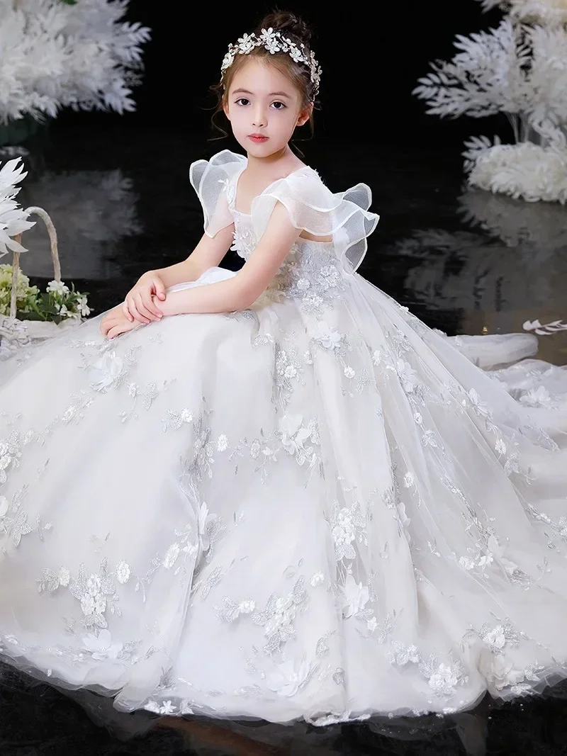 Vestido de novia de flores para niña pequeña, vestido de princesa esponjoso, vestido de espectáculo de pasarela, nuevo