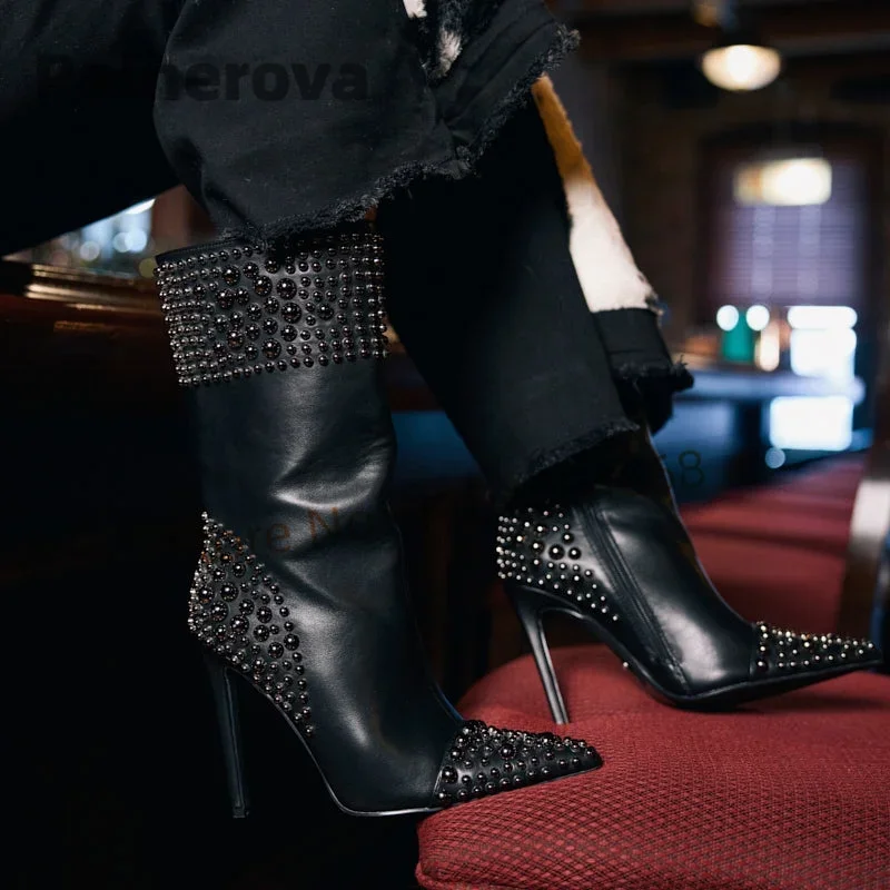 Stiletto Heels Rivets Mid-Calf Boots for Women Pointy Toe Side Zipper Women's Boots Autumn Winter Black Leather Runway Shoes