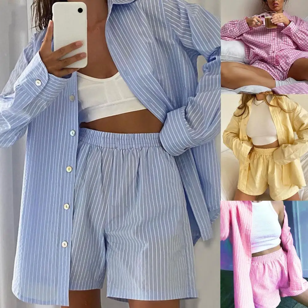 Women's Pajamas Set Home Clothes Sleepwear Vertical Stripes High Waist Two-piece Long Sleeve Lapel Shirt with Pockets Shorts