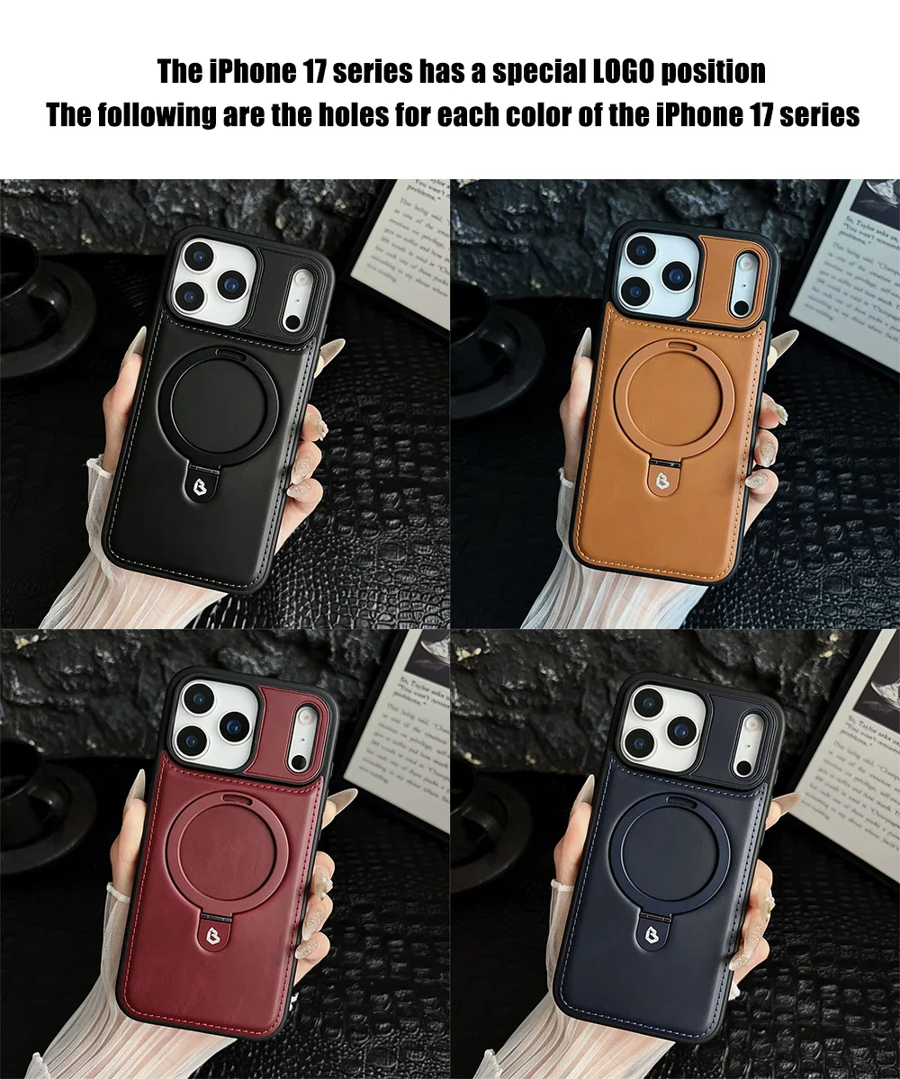 Funda de cuero PU con anillo de soporte magnético de lujo para iPhone 17 Air 16 Pro Max 15 14 13 12 Magsafe, cubierta con logotipo hueco de carga