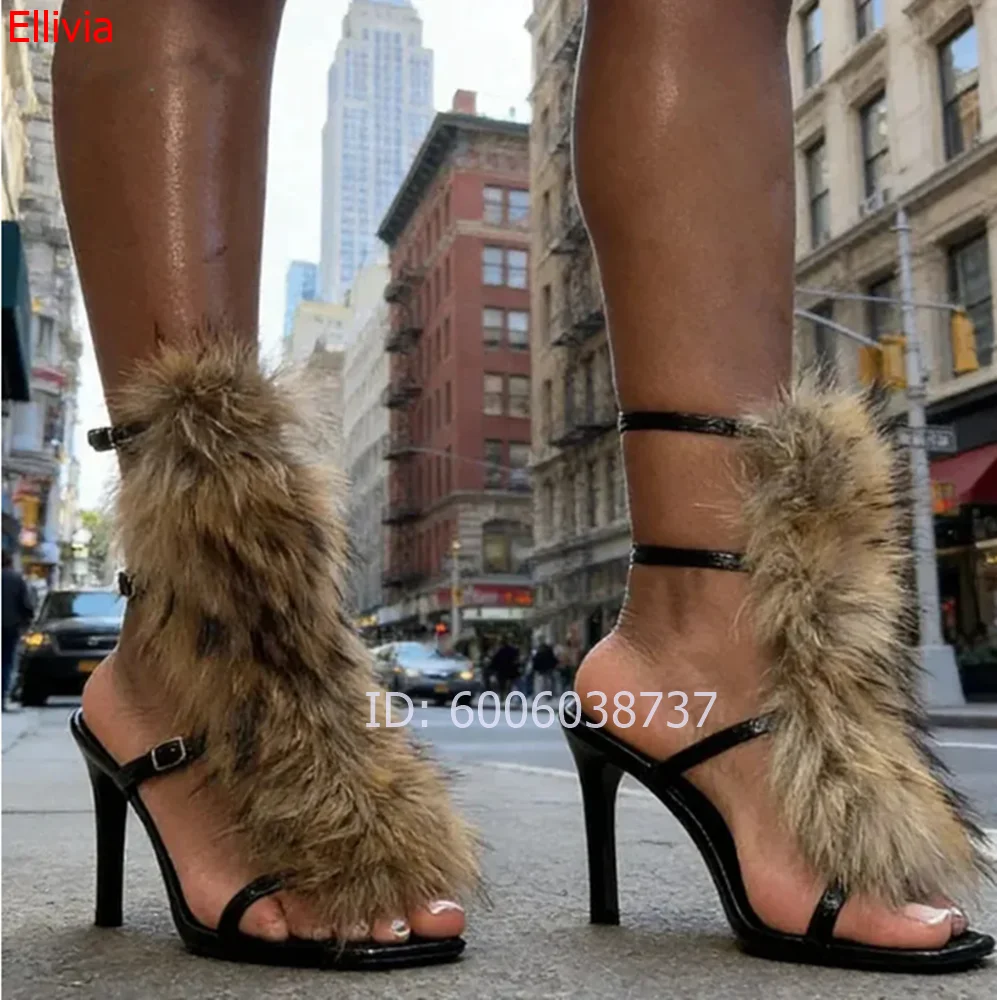 Brown Real Fur Stiletto Heel Sandals 2026 New Fashion Multi Buckle Strap Furry Shoes Sexy Black Patent Leather Party High Heels view 4