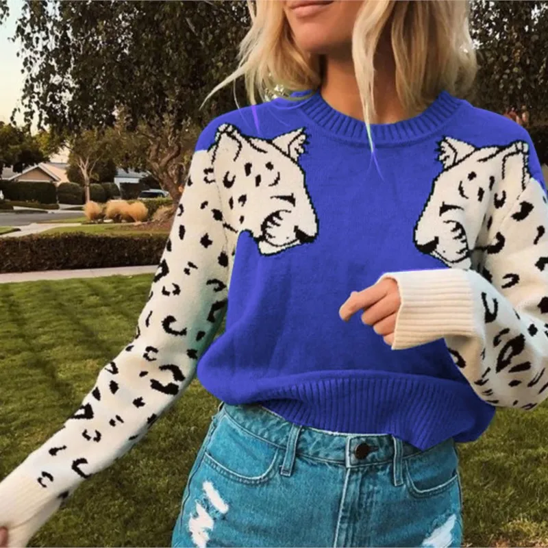 Nuevos suéteres de Otoño Invierno, Tops holgados informales a la moda de estilo callejero con patrón de animales, jersey de cuello redondo de manga larga, ropa