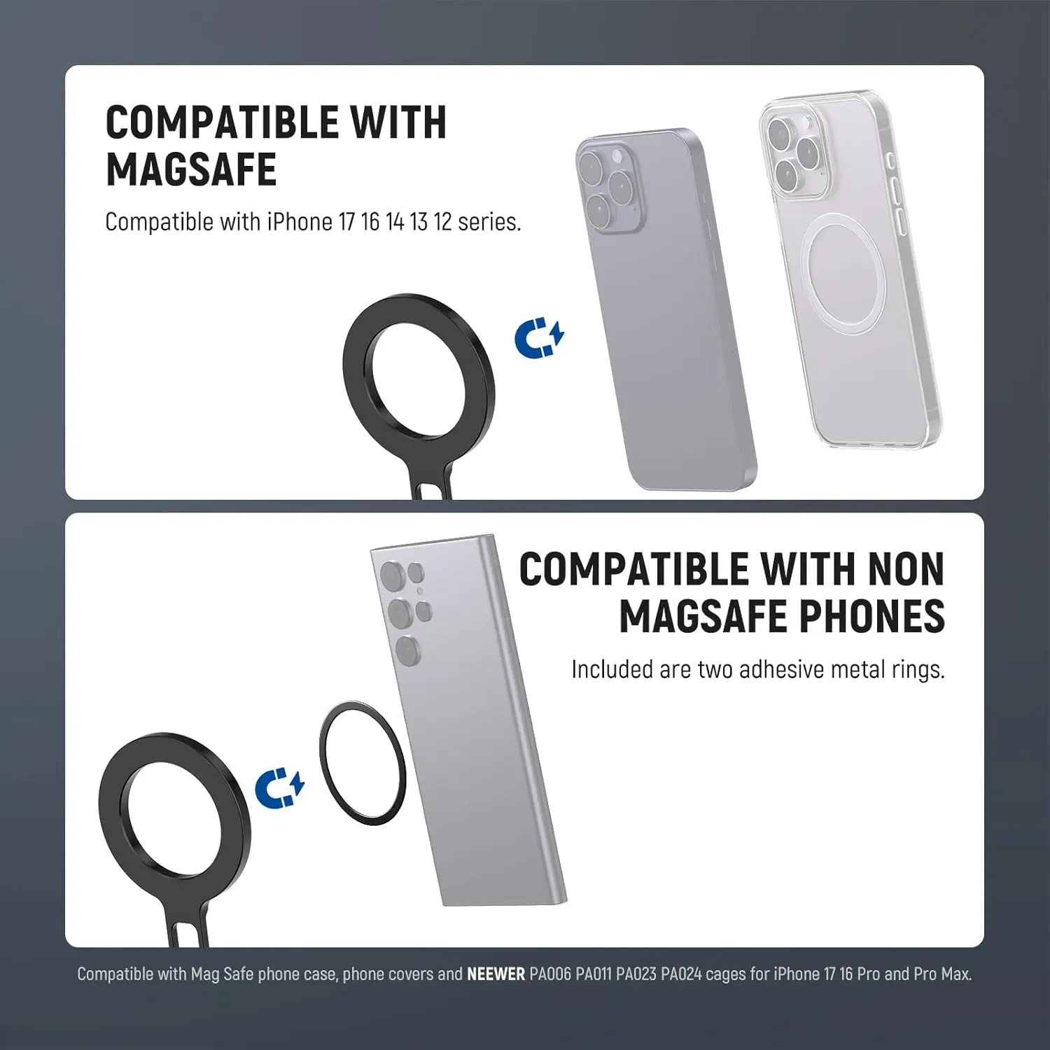 NEEWER Supporto per treppiede con doppio supporto magnetico per telefono con base tipo Arca per registrazione video Android MagSafe iPhone Samsung