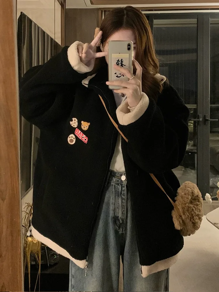 

Женская зимняя куртка больших размеров из овечьей шерсти, утепленная, на хлопковой подкладке, корейский стиль, повседневная, с капюшоном, на молнии, для похудения, верхняя одежда