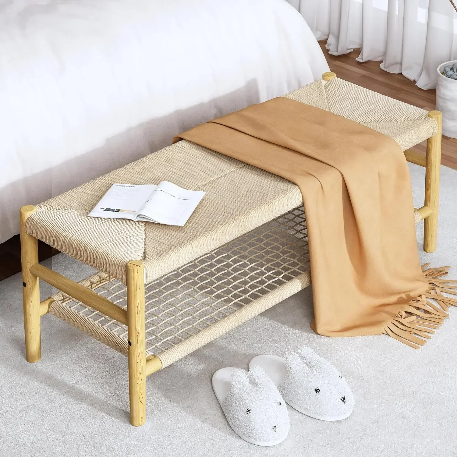 Indoor Entryway Bench with Paper Cord Ottoman & Grid Storage Rack, Mid-Century Long Bench with Rubber Wood Legs, End Bed Bench