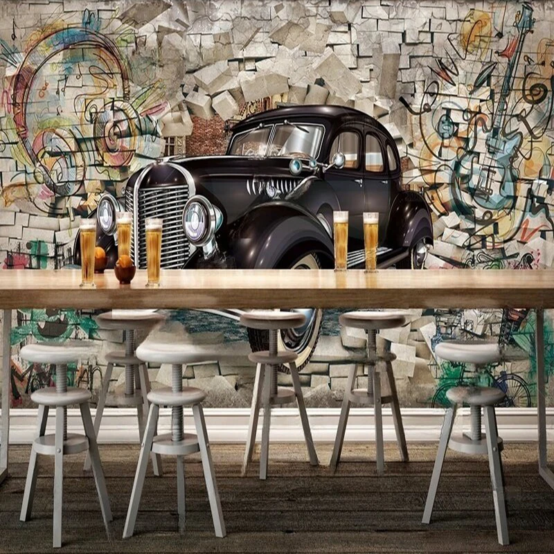 

Vintage Car Themed 3D Textured Wall Mural for Restaurant Bar Cafe Customizable Large Wallpaper Background Decoration