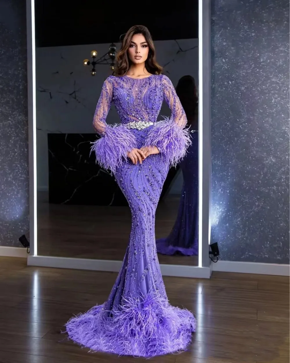 

Sexy Sequin Feather Evening Dress Luxury Floor Length Prom Ball Gown Jewel Neck Beads Beading Women Formal Dinner Party Dresses