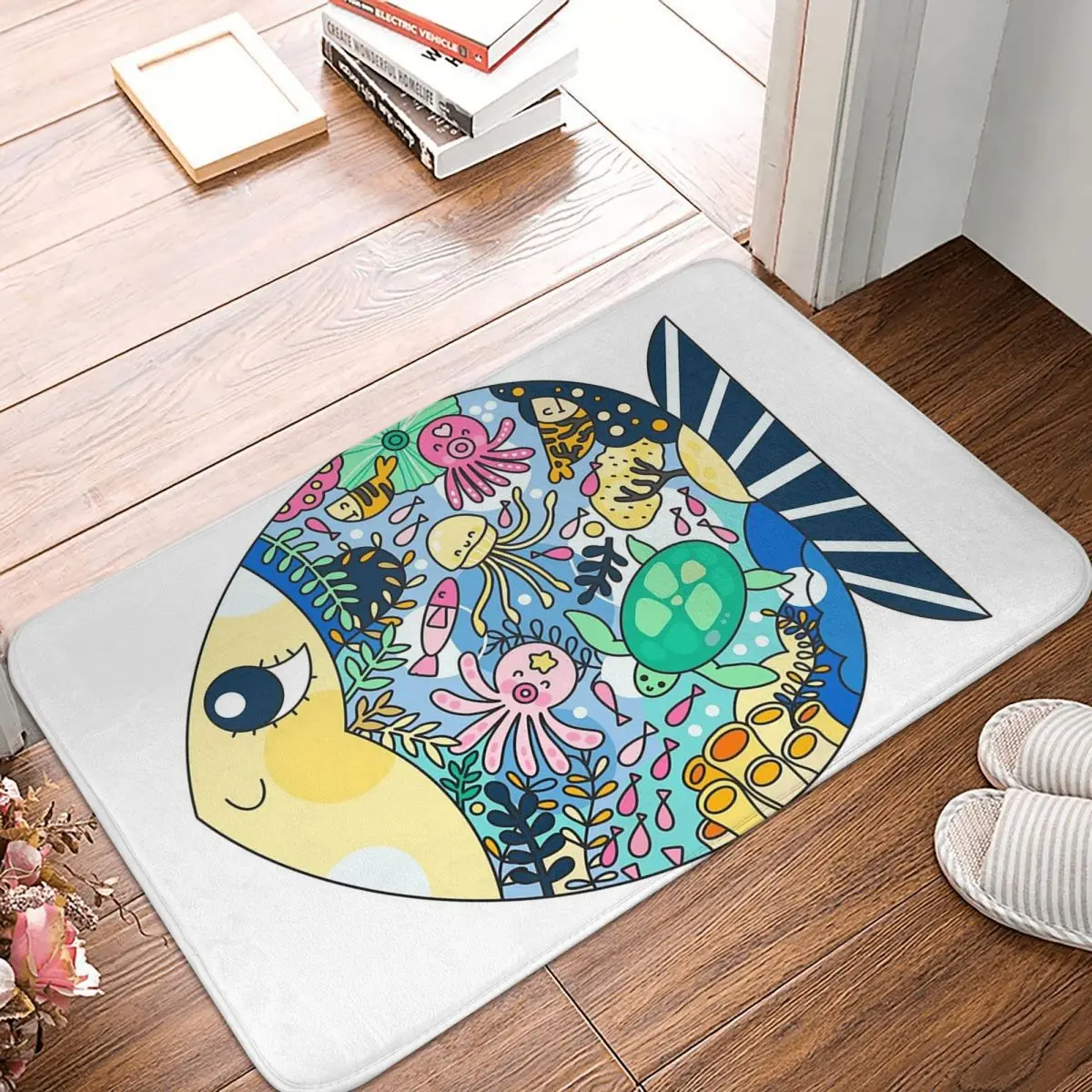 Mother Fish With Her Daughter Fish And Friends Pastel Color Tone Non-slip Doormat Floor Mat Carpet Rug for Kitchen Footpad Mats