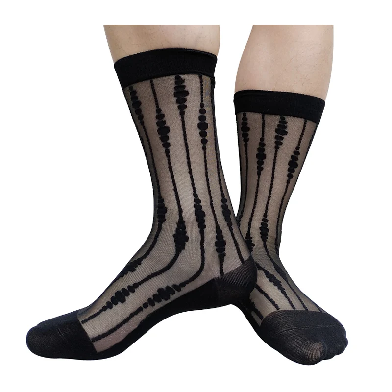 Nylon Socks for Mens Stripe Silk Formal Dress Suit Socks Sexy Sheer  See Through Male Fetish Hose Stocking