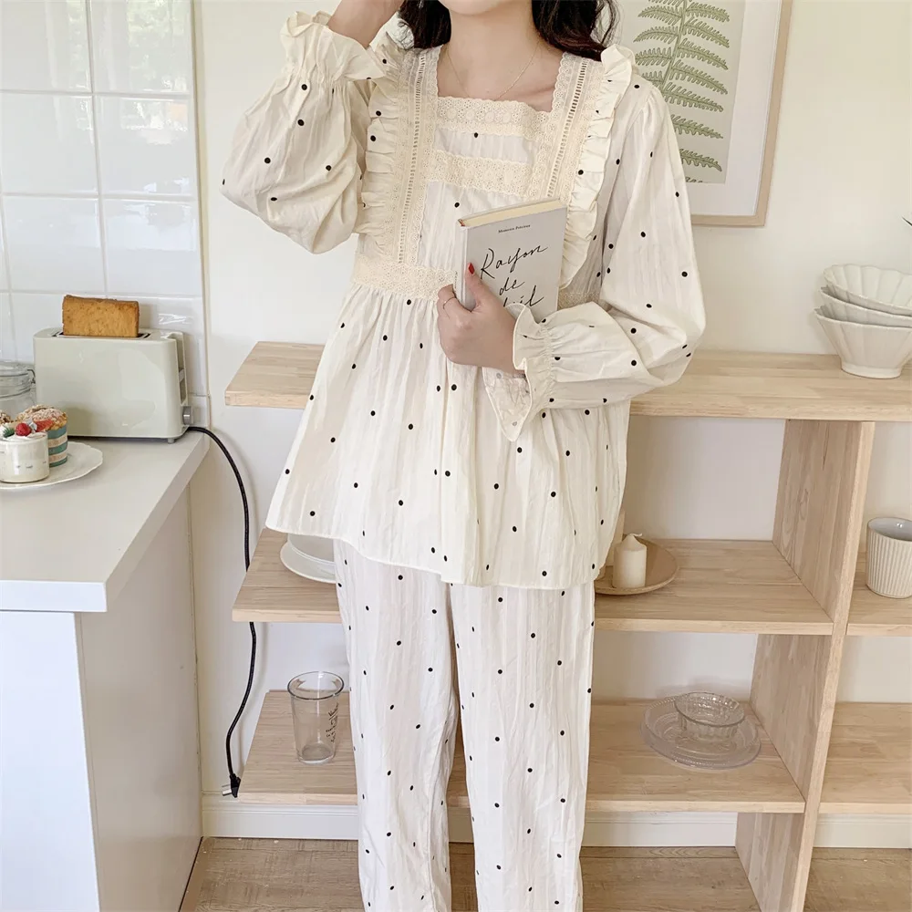 2 PCs/Set Spring Autumn Pure Cotton Postpartum Breastfeeding Lace Print Maternity Nursing Clothing Pregnant Women Pajamas Suit view 4