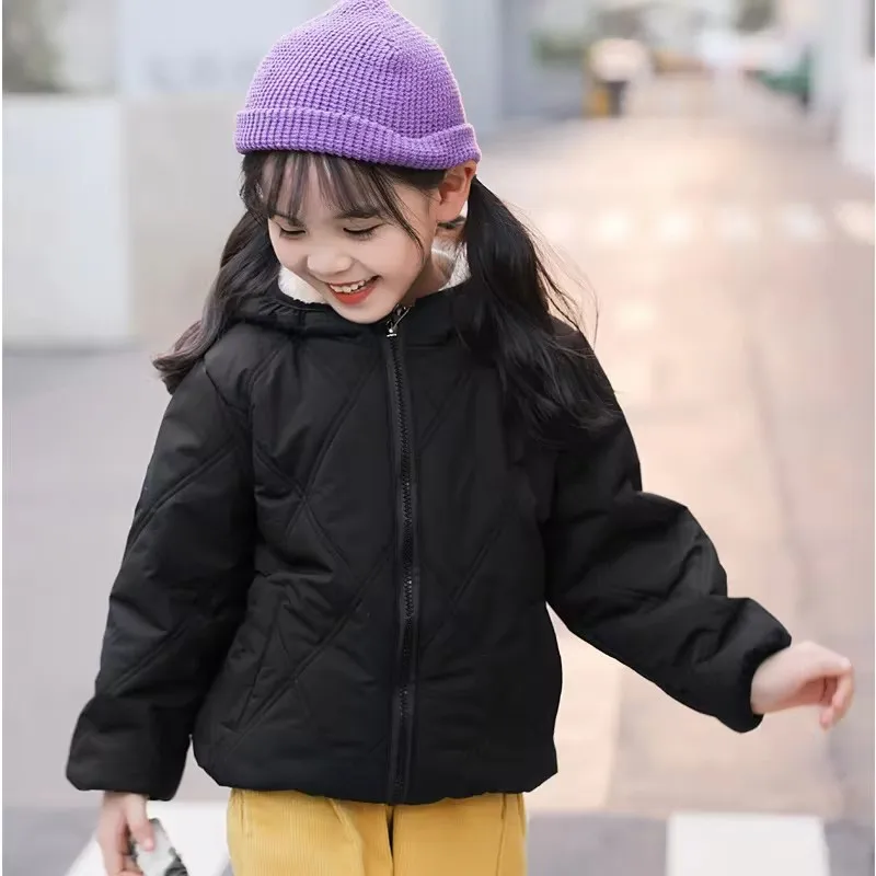 2024 Boys Padded Light Cotton Jacket Children Warm Short Solid Colour Coat Autumn Winter Girls Cute Casual Hooded Clothes 2-6Y