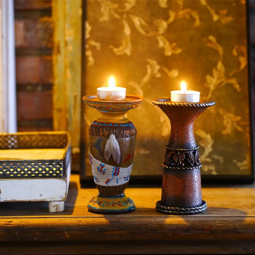 Boho Resin Candle Holder Western Figurine Native American Inspired Taper Tealight Stand Rustic Home Decor