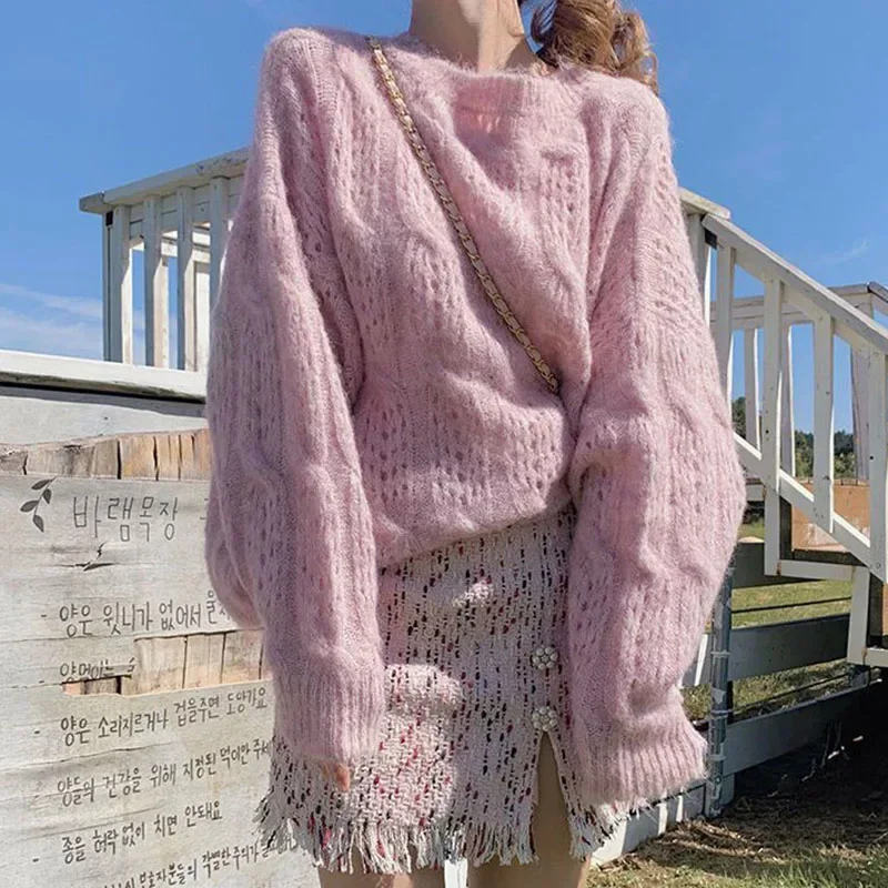 

Sweet Pink Soft Knitted Sweater For Women Lazy Wind Loose Hollow Out Thin Jumpers Spring Autumn Long Sleeve Knitwear