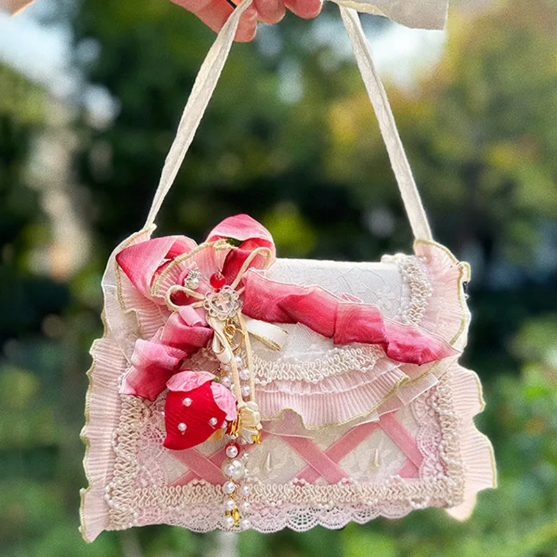 Girl sweet lolita original handmade strawberry portable messenger bag female sweet Lolita pastoral lo bag women's bag
