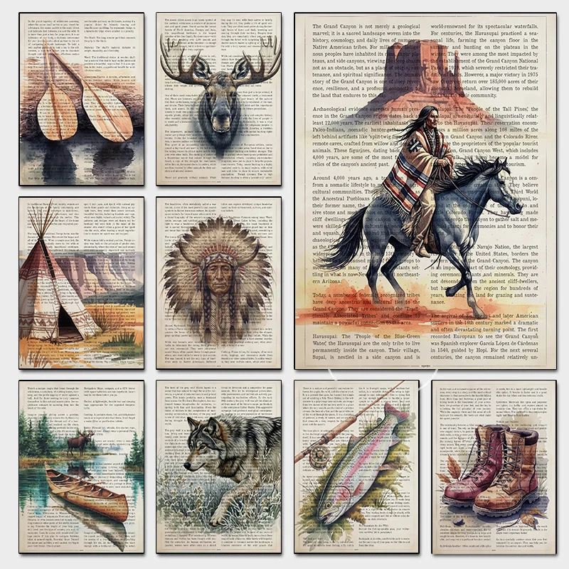 Vintage Text Background Chief Headdress Teepee Posters Traditional Dwelling Fishing Prints Canvas Wall Pictures Home Room Decor