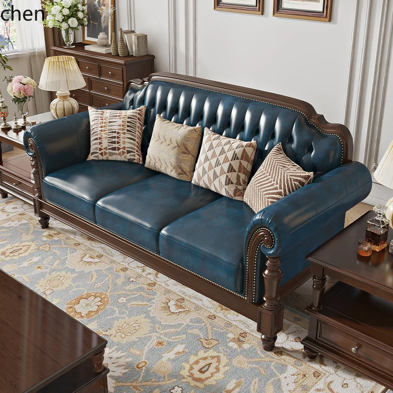 H1 retro solid wood leather sofa first layer cowhide 123 combination simple beautiful living room villa furniture four people