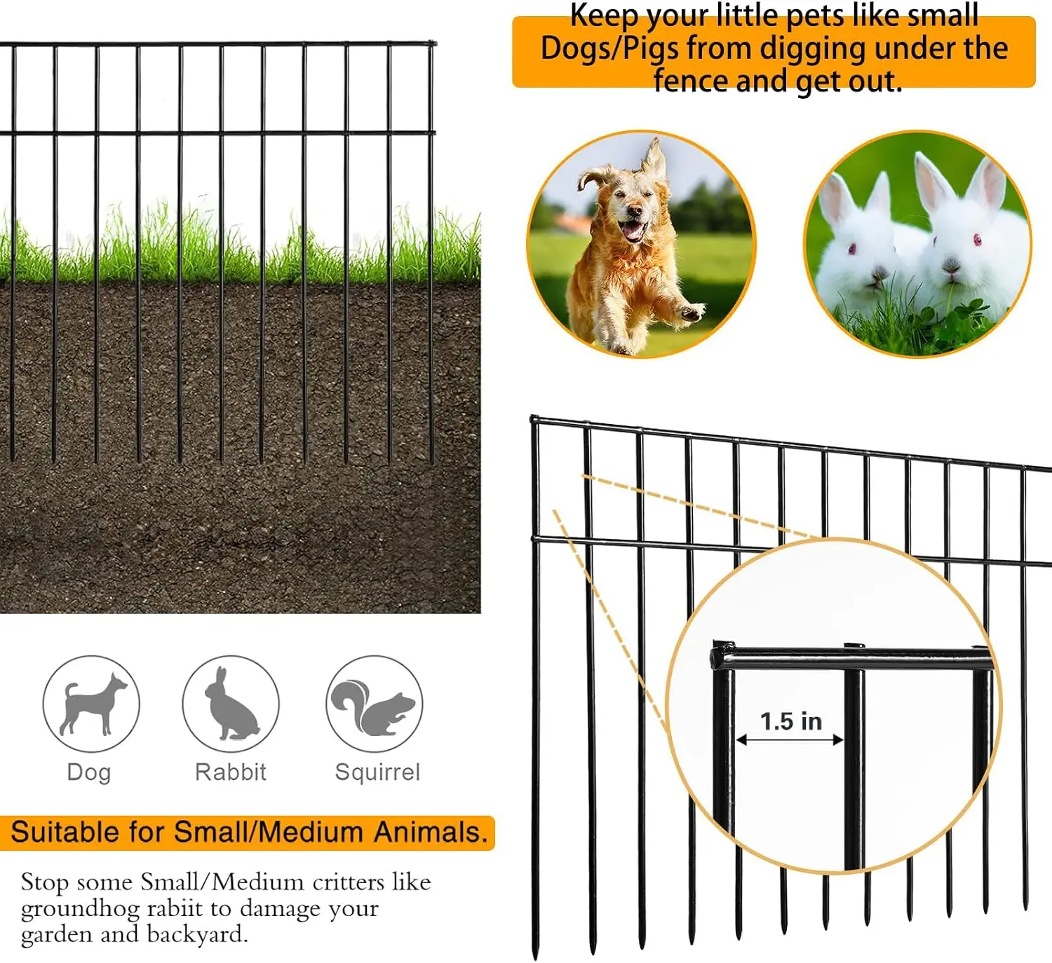 Small/Medium Animal Barrier Fence,15 Pack 24 in(L)X 15 in(H) Underground Decorative Garden Fencing, Dog Rabbits fences Black