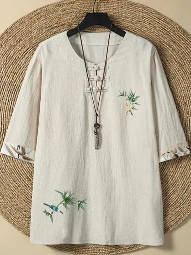 中国風メンズコットンリネンプリント7-8袖tシャツオーバーサイズボタンアップフーディ伝統的な唐服トップ瞑想ウェア