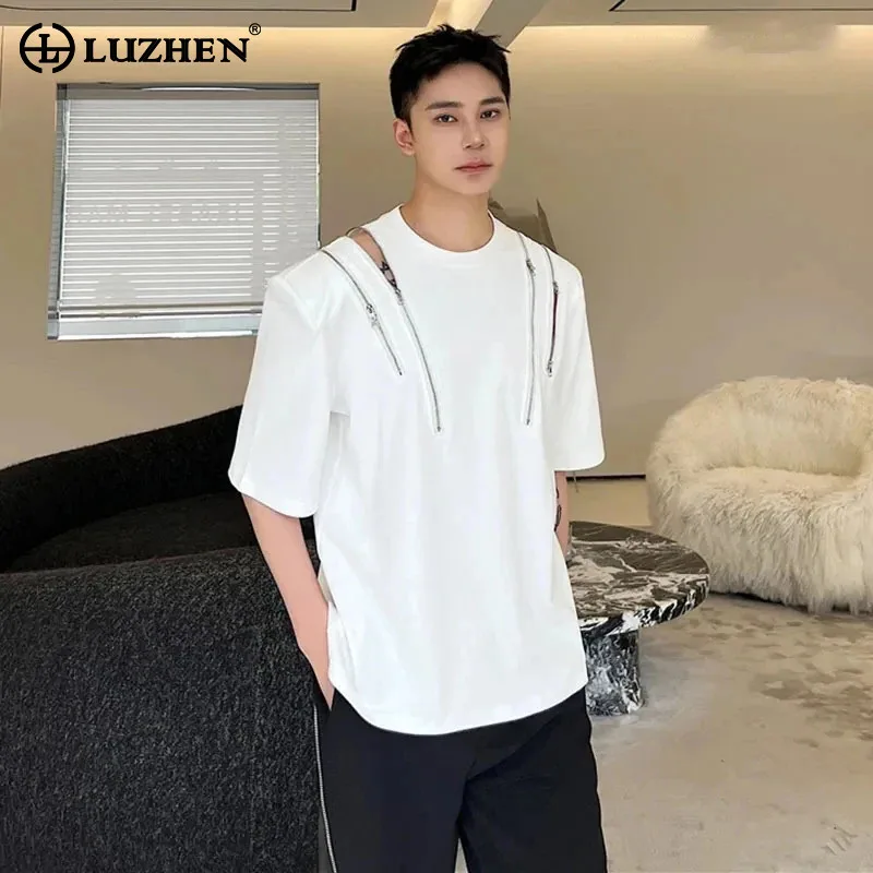 

LUZHEN Stylish Men 2024 Short Sleeve T Shirt Round Neck Zipper Splicing Niche Design Casual Tops High Quality Trendy New LZ3049