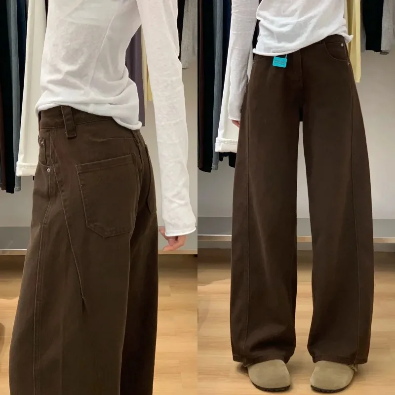 Y2K Women Coffee Brown Wide Leg Curved Jeans 2026 Fall New Loose Casual Slim Floor Drape Denim Pants