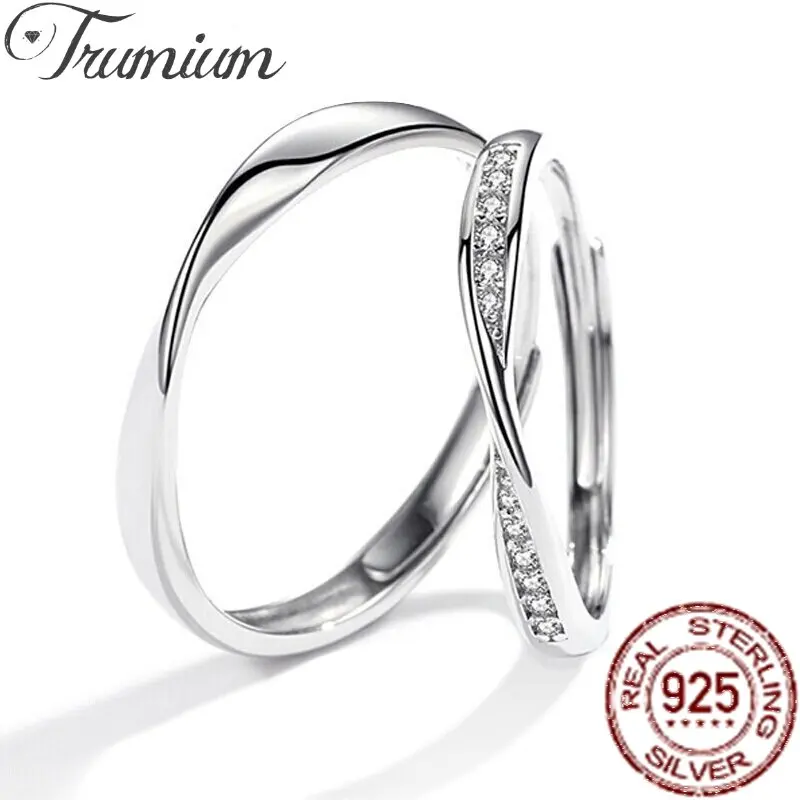 Trumium 100% 925 Silver Couples Ring Lozenge Micro-set Adjustable Pair Lovers Rings Men Women Festival Birthday Gem Jewelry Gift