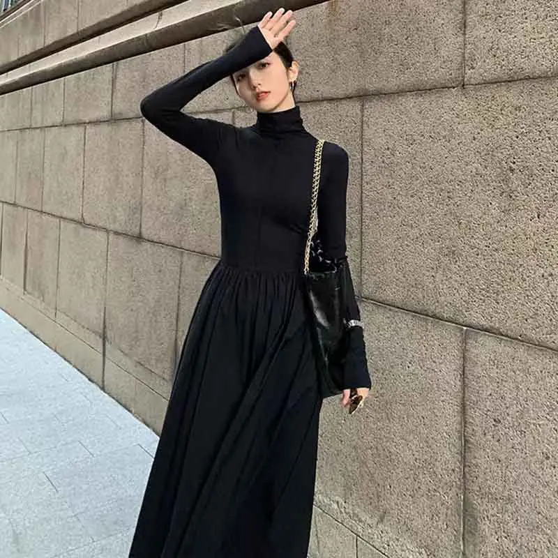 Autumn Hepburn Style Women Dress High Waist Elegant Black Midi Dress Fashion Korean Half High Collar Long Sleeve A Line Dress