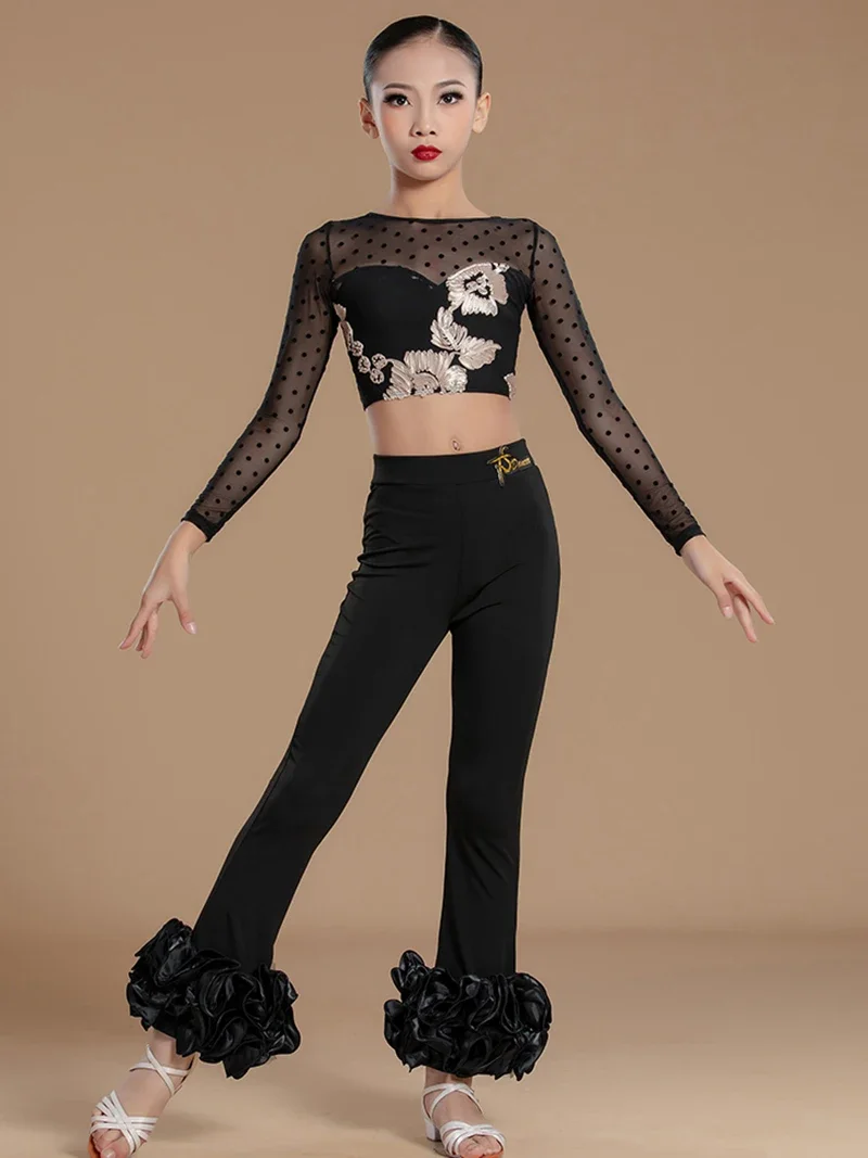 

Kids Girls Print Mesh Dance Bodysuit and Pants Set Autumn Winter Black Practice Clothes Children's Straight Leg Latin Dancewear