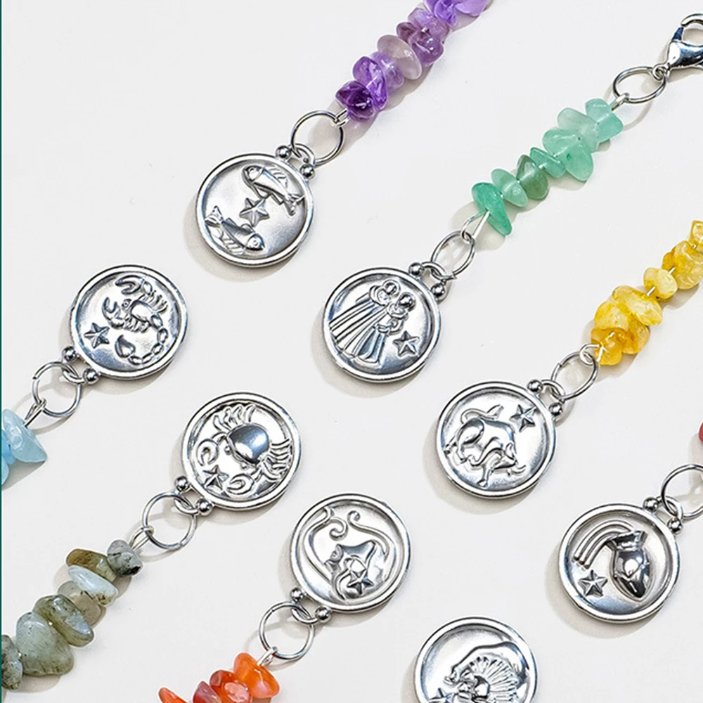 12 Zodiac Signs Charm Natural Stone Crystal Pendant Keychain Astrology Charm for Keys Phones Handbag Women Jewelry Accessory