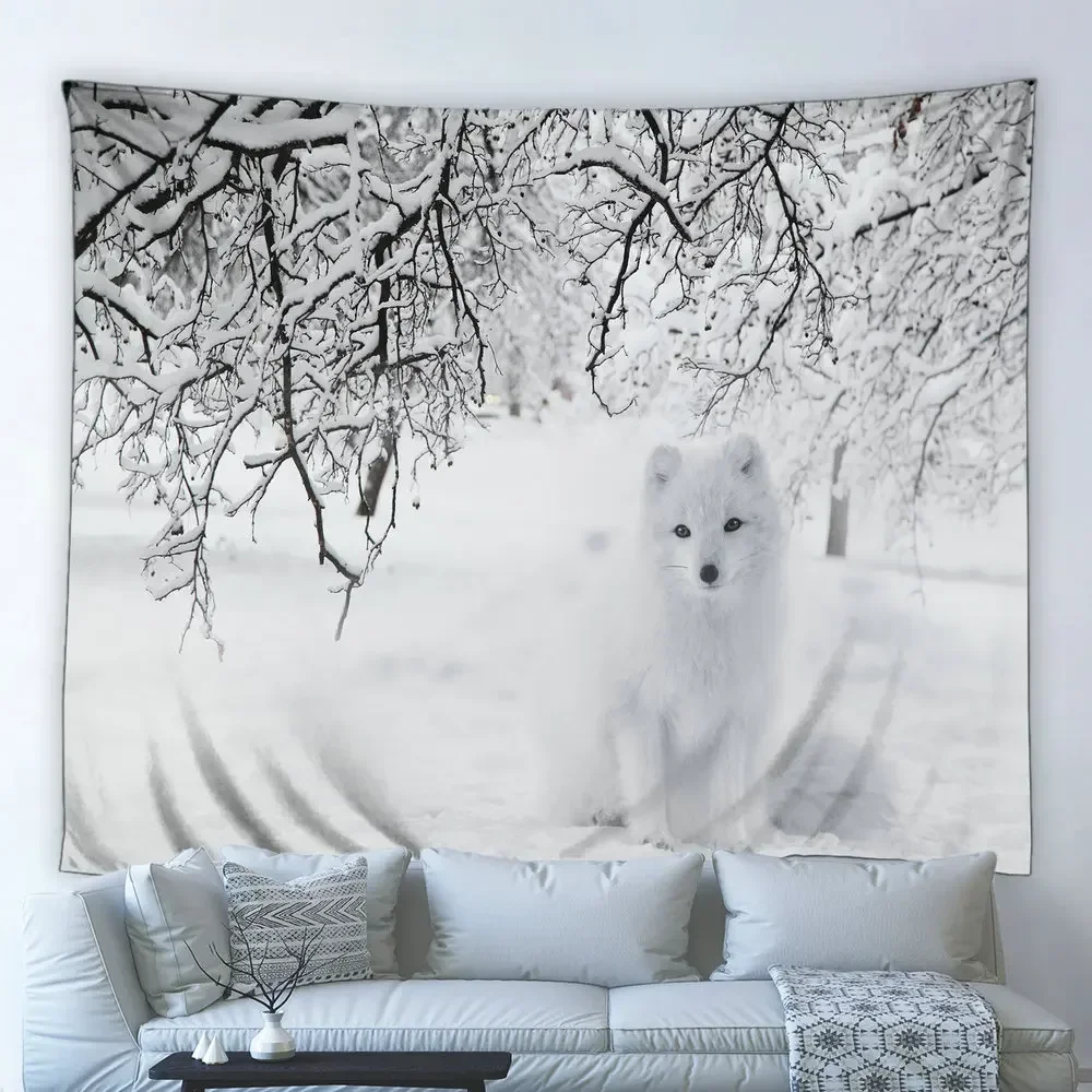 Foggy Forest Scenery Tapestry Wolf Tiger Wild Animal Beast Winter Snow Hippie Wall Hanging Cloth Living Room Bedroom Home Decor