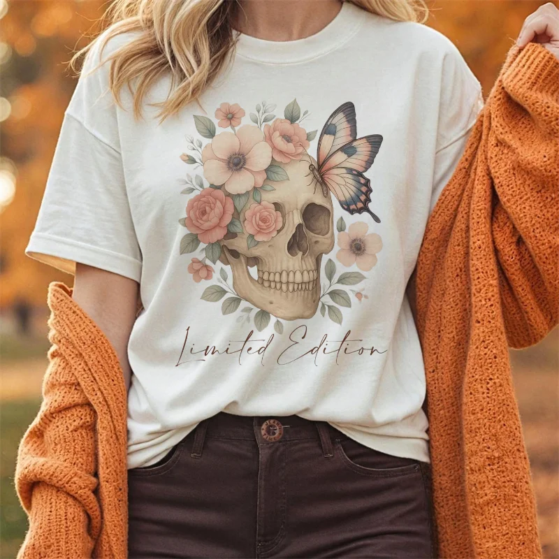 

Футболка с круглым вырезом и цветочным узором черепа, женская футболка с мультяшным принтом, универсальный женский осенний топ в стиле Дня Благодарения, белая футболка