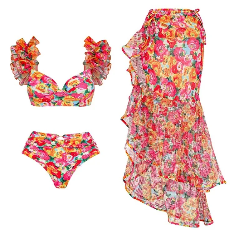 

Women's Swimsuit All Flowers Bloom Together Printing Ruffled Bikini with Skirt