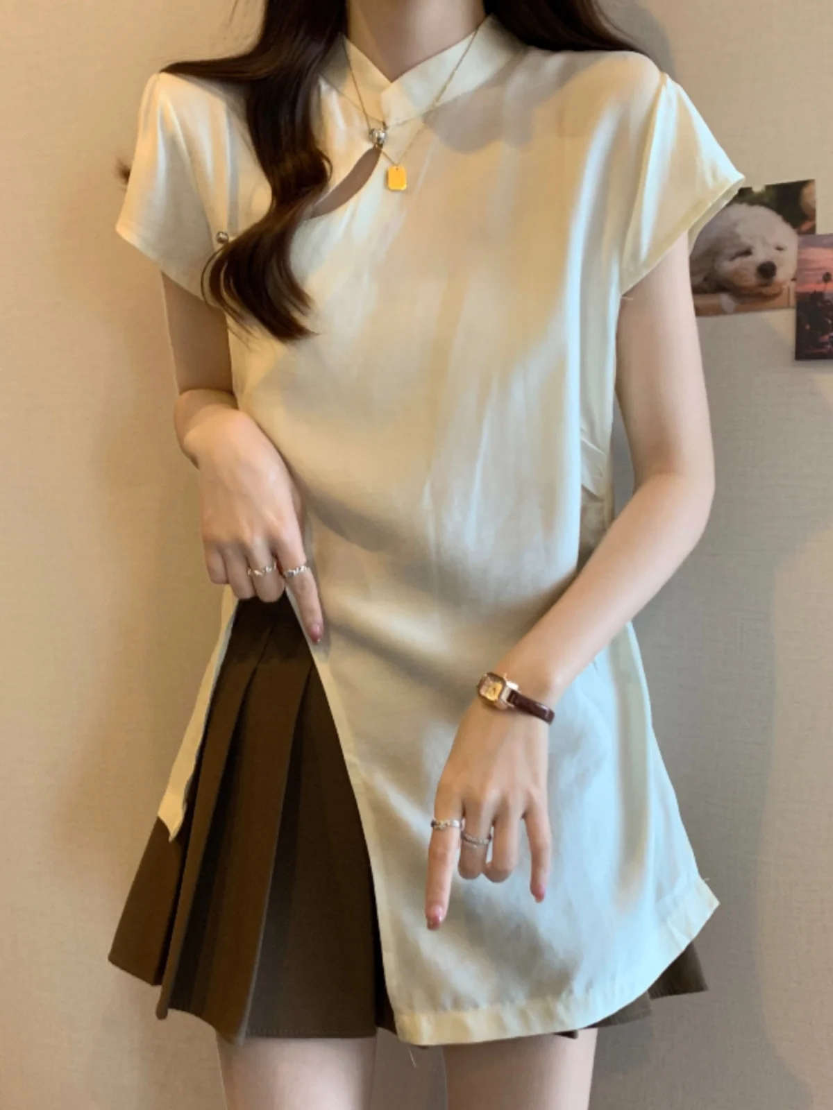 

New Chinese Style Short Sleeve Shirt Women Summer plus Size Slimming Design Split Modified Qipao Top Korean Loose Fit Button ...