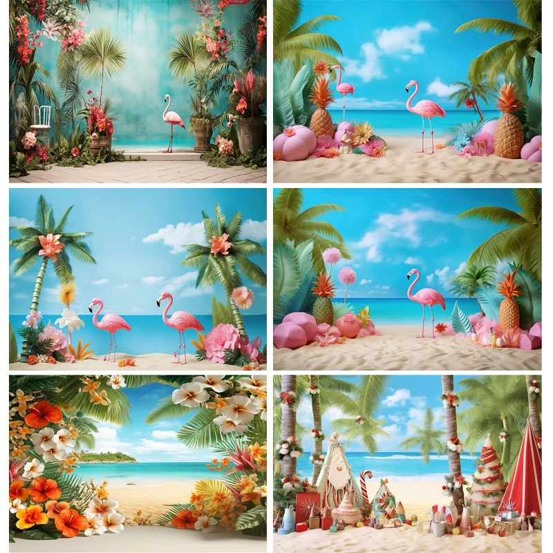 

Tropical Holiday Flamingo Ocean Scenery Photography Backdrops Prop Palm-Trees Beach Touris Birthday Party Photo Background HN-01