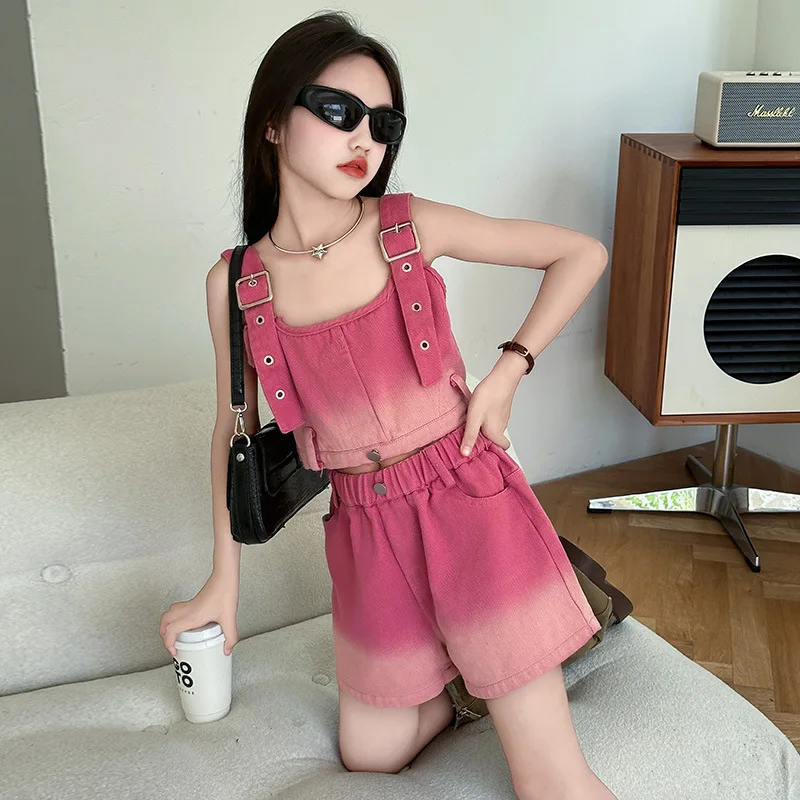 

2024 Gradient pink teen Girls Summer shorts set Sweet Cool Spicy Denim Tank Top High Waist Straight Short Pants kid suit outfits