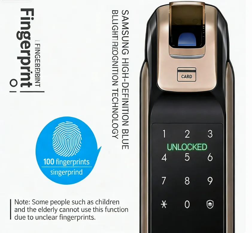 For SamsungSmart Lock DP728  Bluetooth APP Access, Fingerprint, Password, RFID Card, Key, Fire Alarm, Classic Model