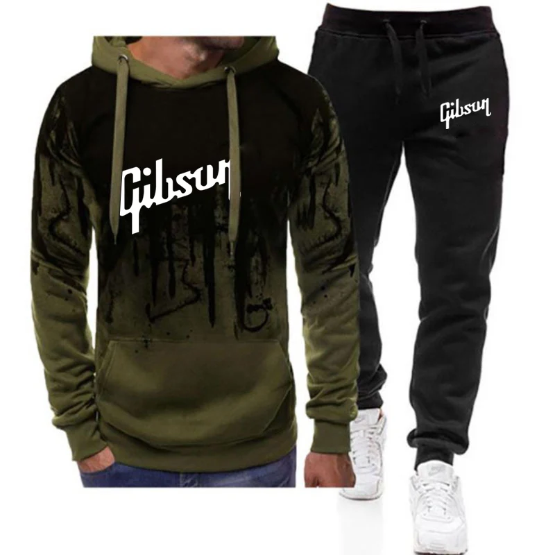 2025 Sprng y otoño hombre guitarra Gibson Logo estampado Casual y espíritu libre Color degradado cordón sudaderas con capucha pantalones trajes