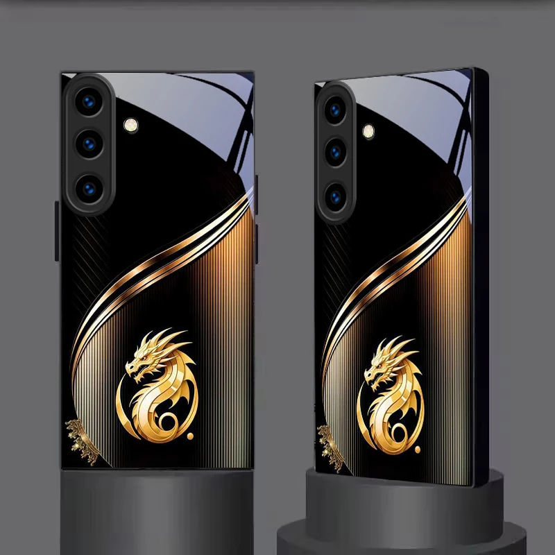 Golden Oriental Dragon Black Glass Phone Case For Samsung Galaxy S24 FE S23 S22 S21 S20 Plus S26 Ultra S25 Edge S25+ S24 Cover