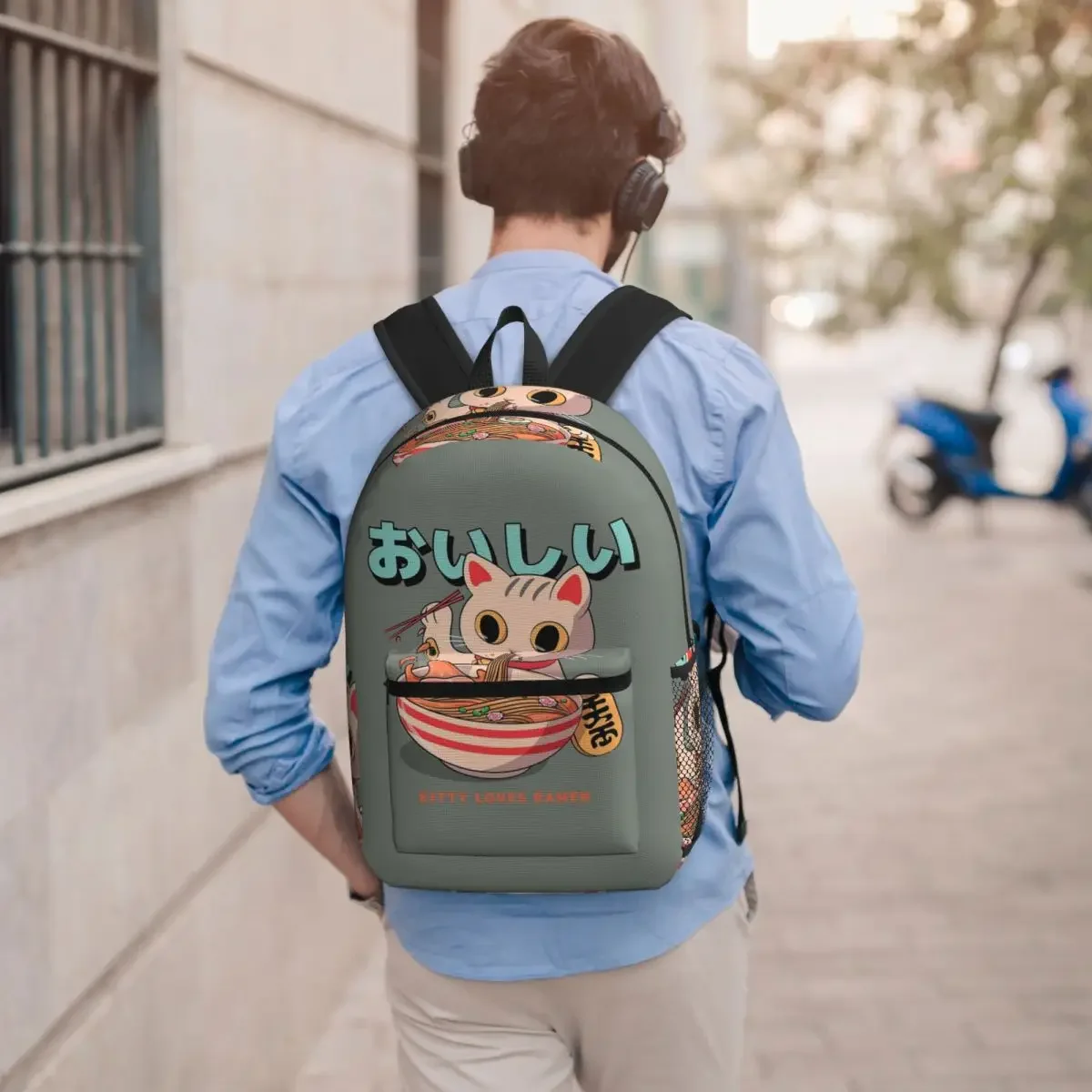 Japanese Cat Eating Ramen Student Backpack School Bag Hiking Travel Daypack for Men Women Bookbag Shoulder Bags