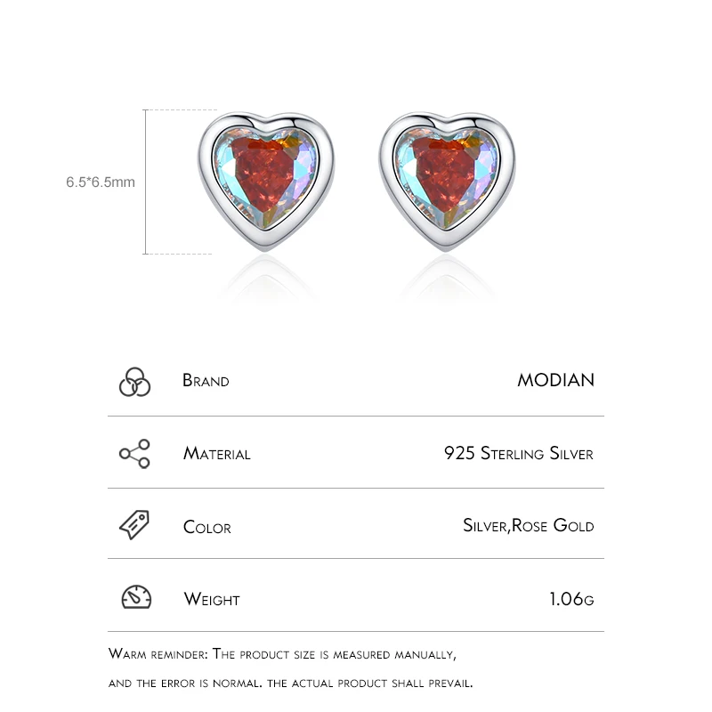 Modian 925 Sterling Silver Simple Tiny Hearts Multicolour Zirconia Charm Stud Earrings Classic Rose Gold Color Jewelry For Women
