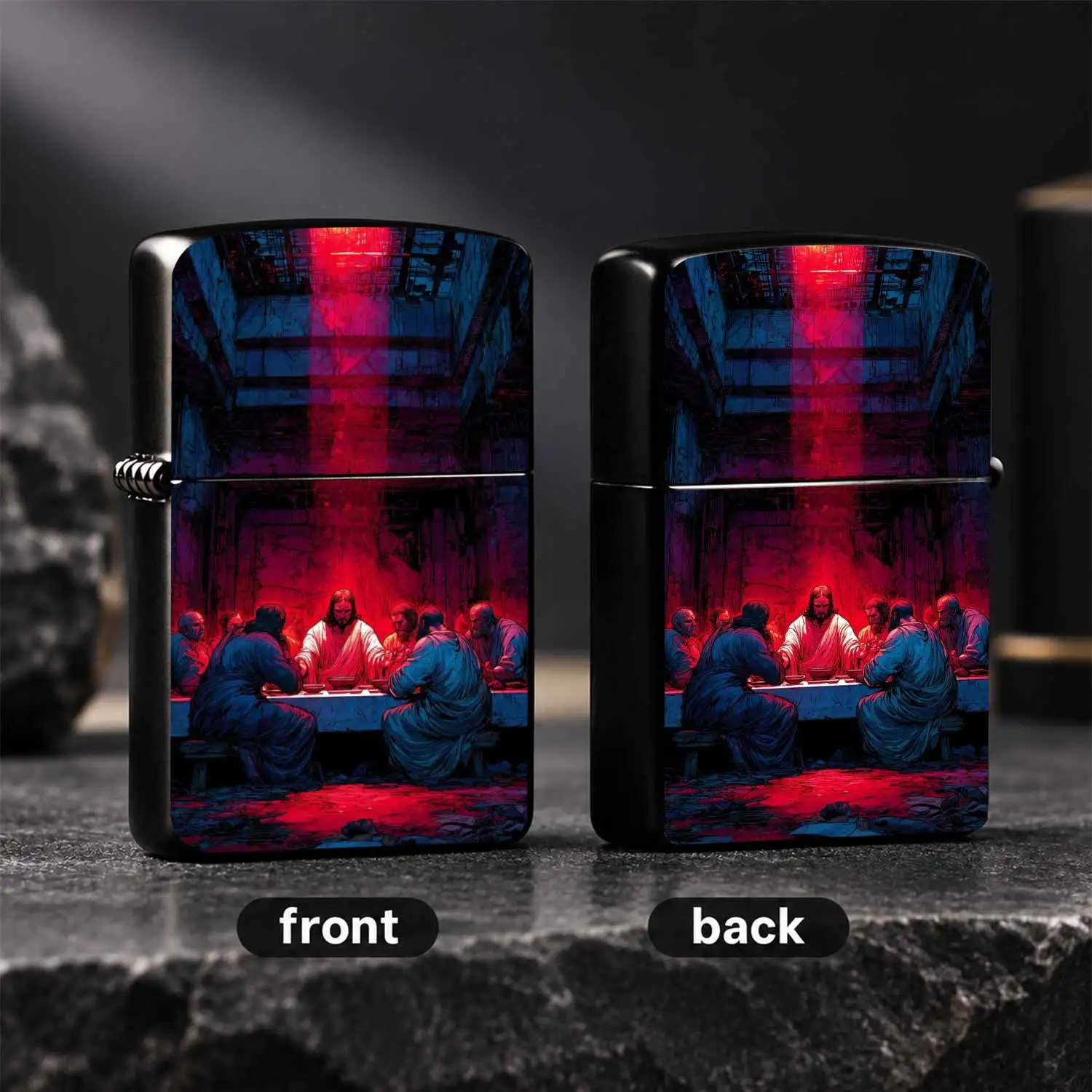 Vintage Last Supper Themed Windproof, Cyber Red Blue Neon Art Print Crack Resistant Sturdy Body, Portable Creative Religious Inspired Collectible For Daily Use Outdoor Camping, Unique Decorative Gift For Faith Believers Art Lovers A Fun And