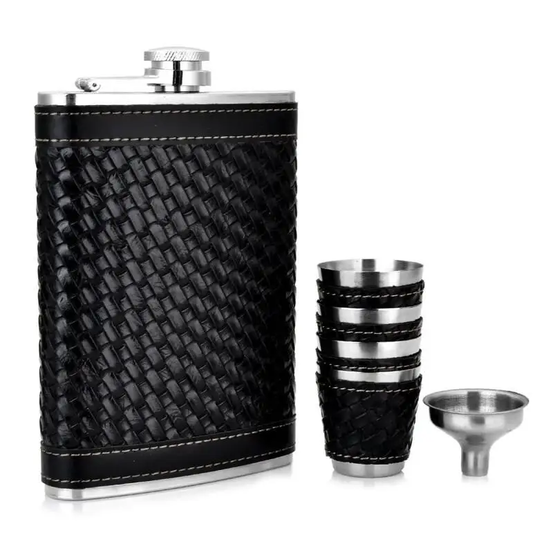 1set Black Braided Leather 9oz Wine Bottle Set, Stainless Steel Wine Pot, Pocket Hip Flask