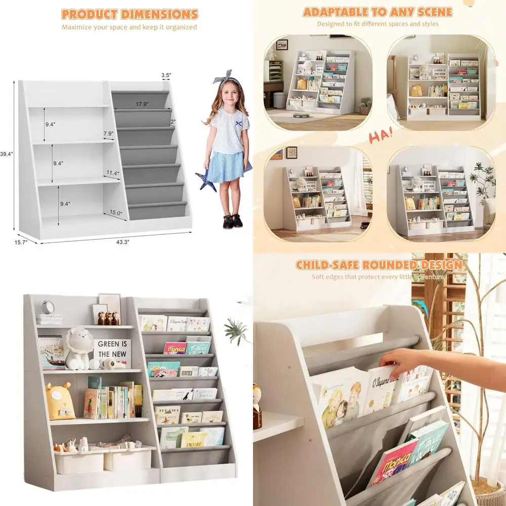 

4-ярусная деревянная детская книжная полка с подвесными карманами для хранения, демонстрации и организации, белая