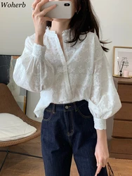 Temperament Embroidery Flower Tops Sweet Lantern Sleeve Chic Blouses Women Stand Neck Single Breasted Tops Vintage Korean Shirts