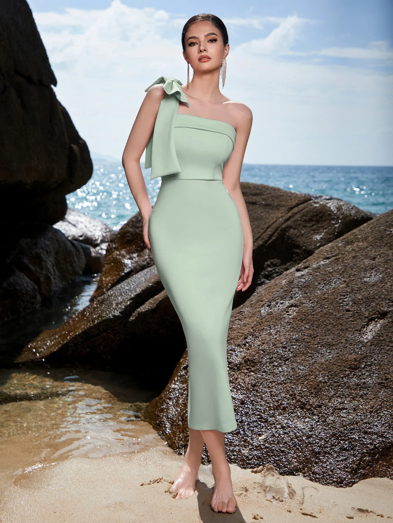 أنيقة بيضاء مساء كوكتيل حفلة موسيقية أنيقة كتف واحد الزفاف ضيف منتصف العجل طول المشاهير النساء فساتين نادي الحفلات